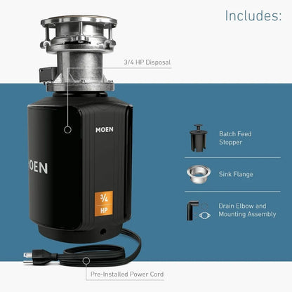 Moen Host Series Disposer with Control Activation 3/4 HP Garbage Disposal with Sound Reduction, Power Cord Included, GXB75C