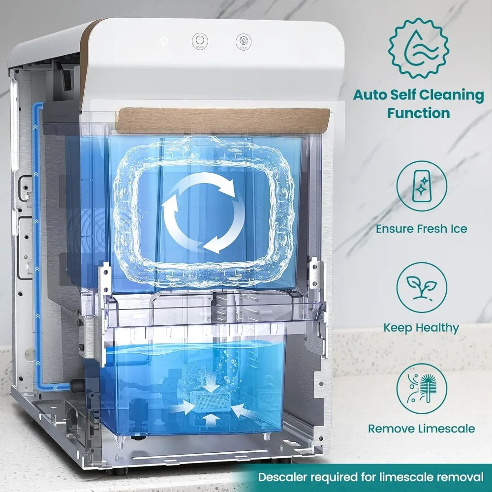Countertop Nugget Ice Maker, Self-Cleaning Pellet Ice Machine, Open and Pour Water Refill, Stainless Steel Housing