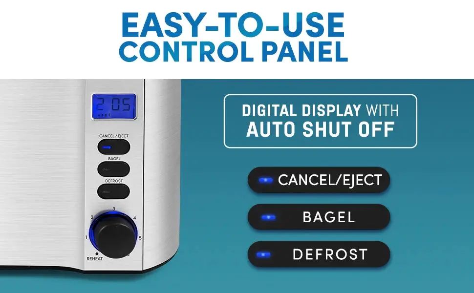 Long Slot 4 Slice Toaster, Countdown Timer, 6 Toast Setting, Defrost, Cancel Function, Built-in Warming Rack, Extra Wide Slots