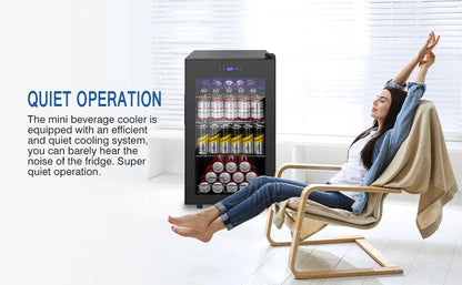 Beverage Refrigerator and Cooler Freestanding, 96 Cans Mini Fridge with glass door and Lock, Small Drink Fridge, with LED Light