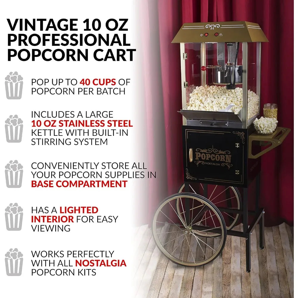 Maszyna do popcornu - Profesjonalny wózek z czajnikiem 10 uncji, który pozwala przygotować do 40 filiżanek - Styl maszyny do popcornu Vintage Popper - Czarny