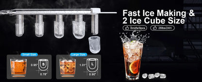 Ice Makers Countertop with Self-Cleaning, 26.5lbs/24hrs, Portable Ice Machine with 2 Sizes Bullet Ice/Ice Scoop/Basket, for Home