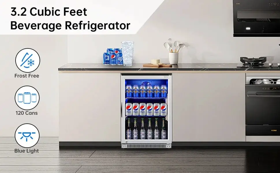 120 Can Mini Fridge with Glass Door, 20 Inch Beverage Fridge with Lock & LED Light, Auto Defrost, 36-50°F Freestanding Cooler