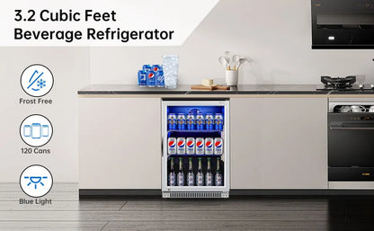 120 Can Mini Fridge with Glass Door, 20 Inch Beverage Fridge with Lock & LED Light, Auto Defrost, 36-50°F Freestanding Cooler