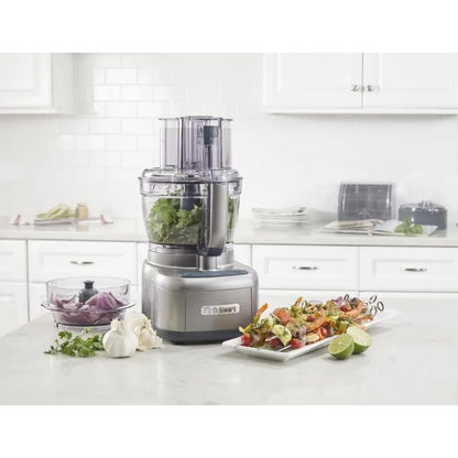 Small Food Processor, 13-Cup, Stainless-Steel Blades, 550W, High, Low, Off and Pulse with Illuminating Blue LED Lights, Gunmetal