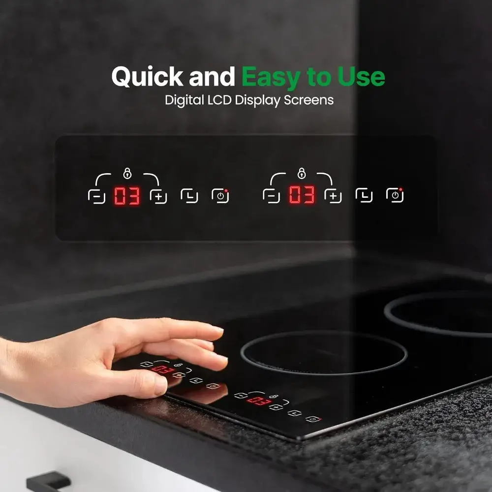 Induction Cooktop- 2 Glass Induction Burner Zones with Adjustable Temperature Settings-1800W Cooker with Digital Touch Sensor