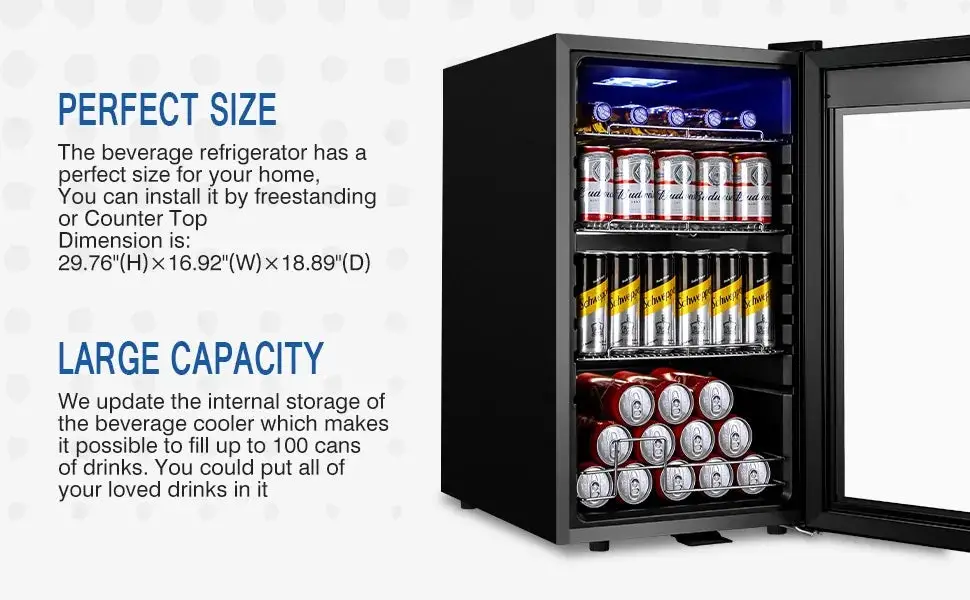 Beverage Refrigerator and Cooler Freestanding, 96 Cans Mini Fridge with glass door and Lock, Small Drink Fridge, with LED Light