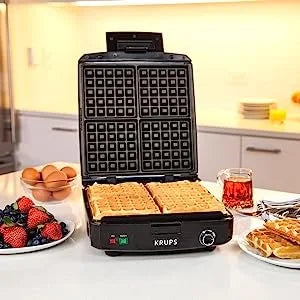 Breakfast Set Stainless Steel Waffle Maker 4 Section 1200 Watts Square, 5 Browning Levels, Removable Plates, Dishwasher Safe