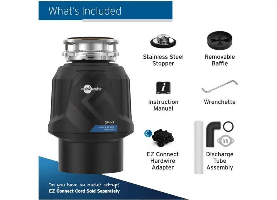 Power 0.75HP, 3/4 HP Garbage Disposal, Power Series EZ Connect Continuous Feed Food Waste Disposer, Black