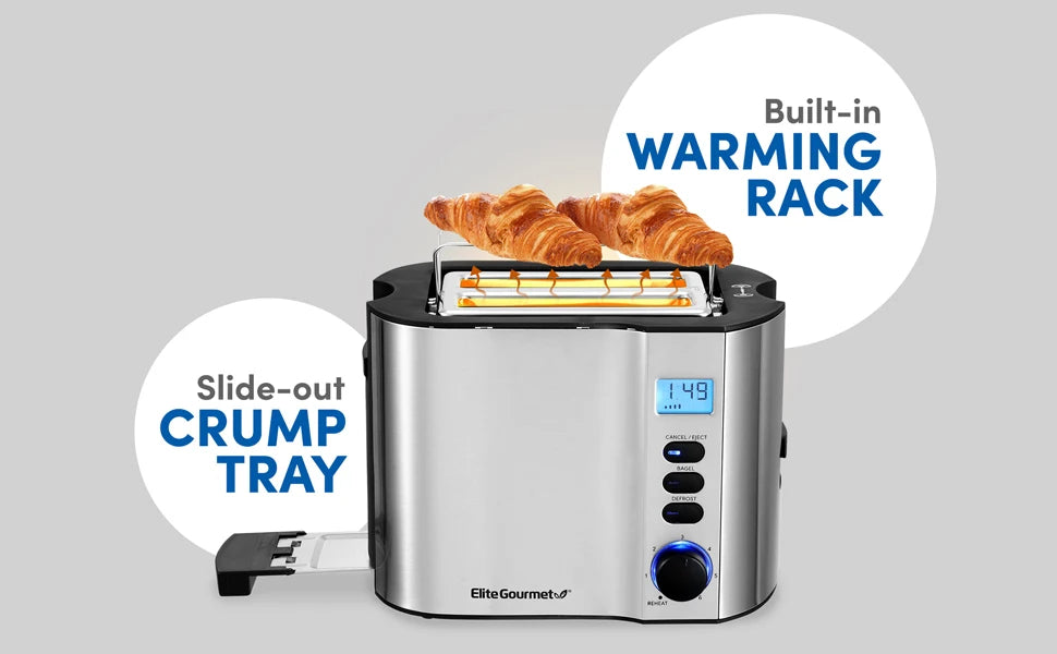 Extra Wide Slot 2-Slice Toaster, Bagel Function Reheat, Defrost, Cancel Functions, 6 Settings, Countdown Timer, Stainless Steel