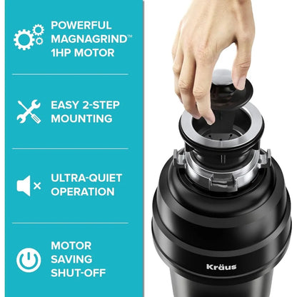 1 HP Continuous Feed Garbage Disposal with Ultra-Quiet Motor for Kitchen Sinks with Power Cord and Flange Included, Black