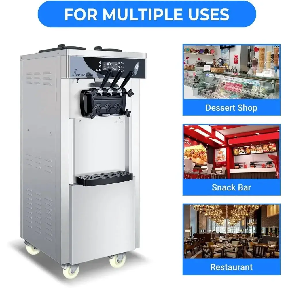 Commercial soft ice floor standing ice cream machine, 3 flavors, 2 hoppers, 3 dispensers, used in restaurants and snack shops