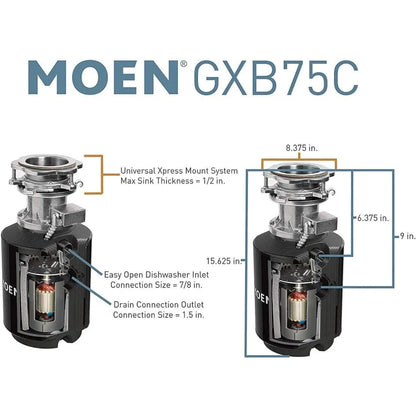 Moen Host Series Disposer with Control Activation 3/4 HP Garbage Disposal with Sound Reduction, Power Cord Included, GXB75C