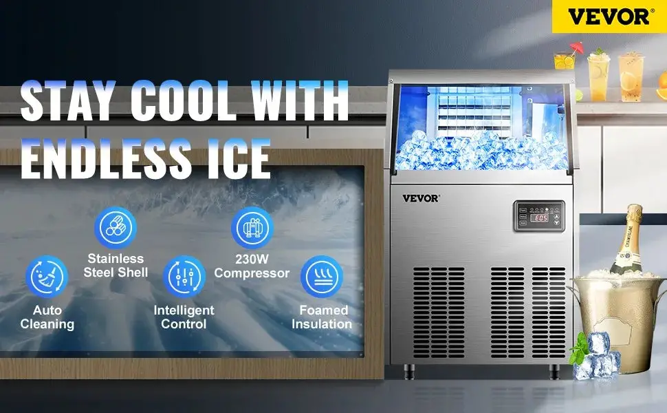 Commercial Ice Maker with 33LBS Bin, Stainless-Steel Construction, Automatic Operation, Include Water Filter, Connection Hose