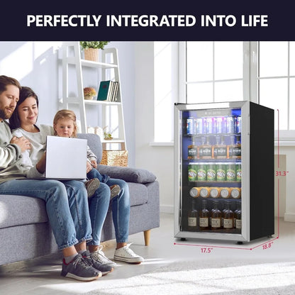 Beverage Refrigerator Cooler - 126 Can Mini Fridge with Glass Door for Soda Beer or Wine, with Adjustable Removable Shelves