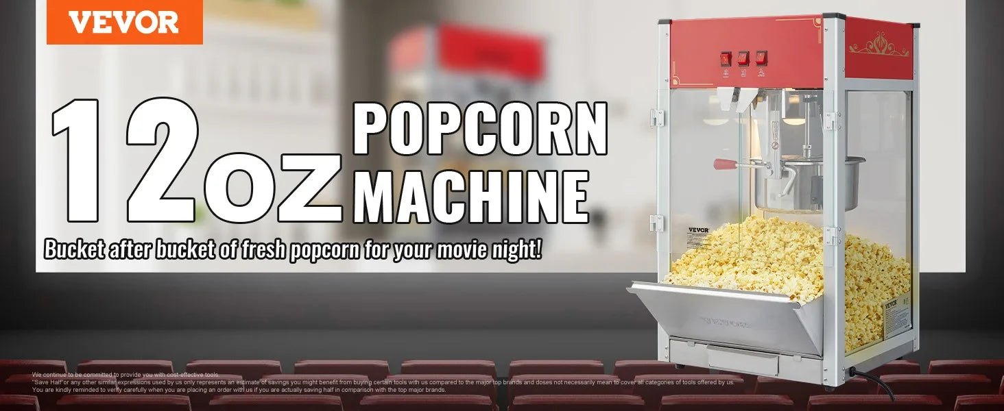 Komercyjna maszyna do popcornu, czajnik 12 oz, 1440 W, maszyna do popcornu na blacie, do 80 filiżanek na partię, z 3-przełącznikowym sterowaniem, czerwona