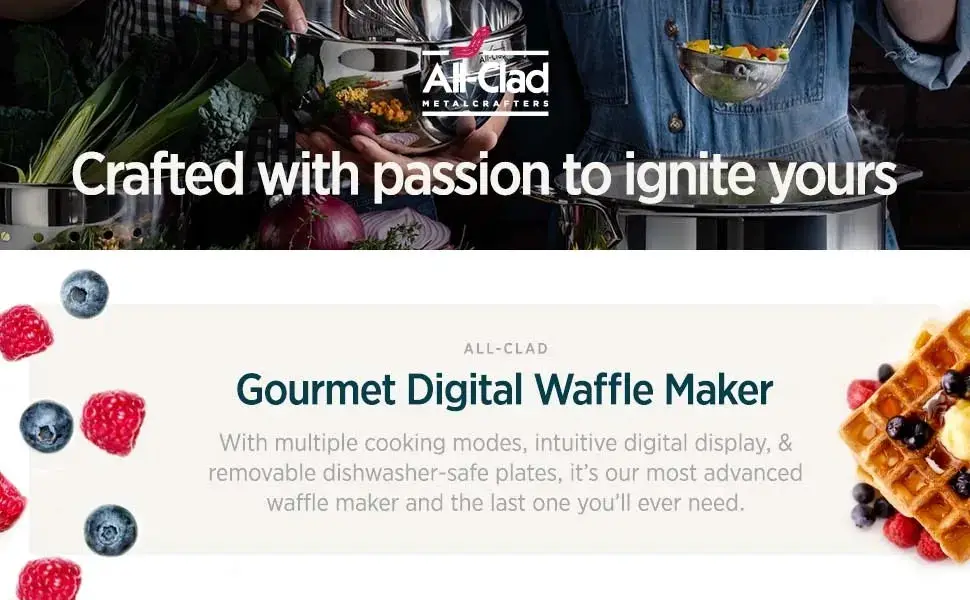 Gourmet Digital Waffle Maker with Removable, Dishwasher-safe Plates. 4 slices, coated with a PFOA-free nonstick, Silver