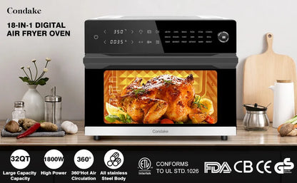 32QT Air Fryer Oven Toaster Oven Combo with Rotisserie 18-in-1 Convection Oven Countertop Digital Airfryer, 1800W