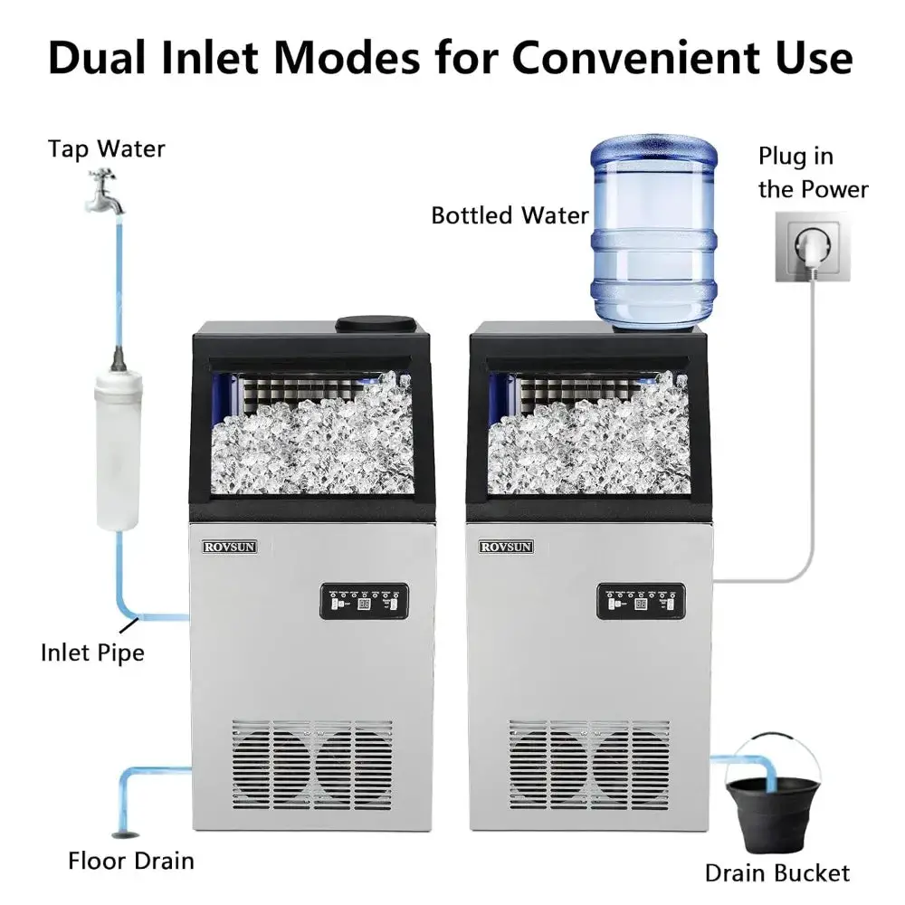 110LBS/24H Commercial Ice Maker Machine with 2 Water Inlets, Freestanding with 24lbs Storage Bin, Ice Scoop & Water Filter