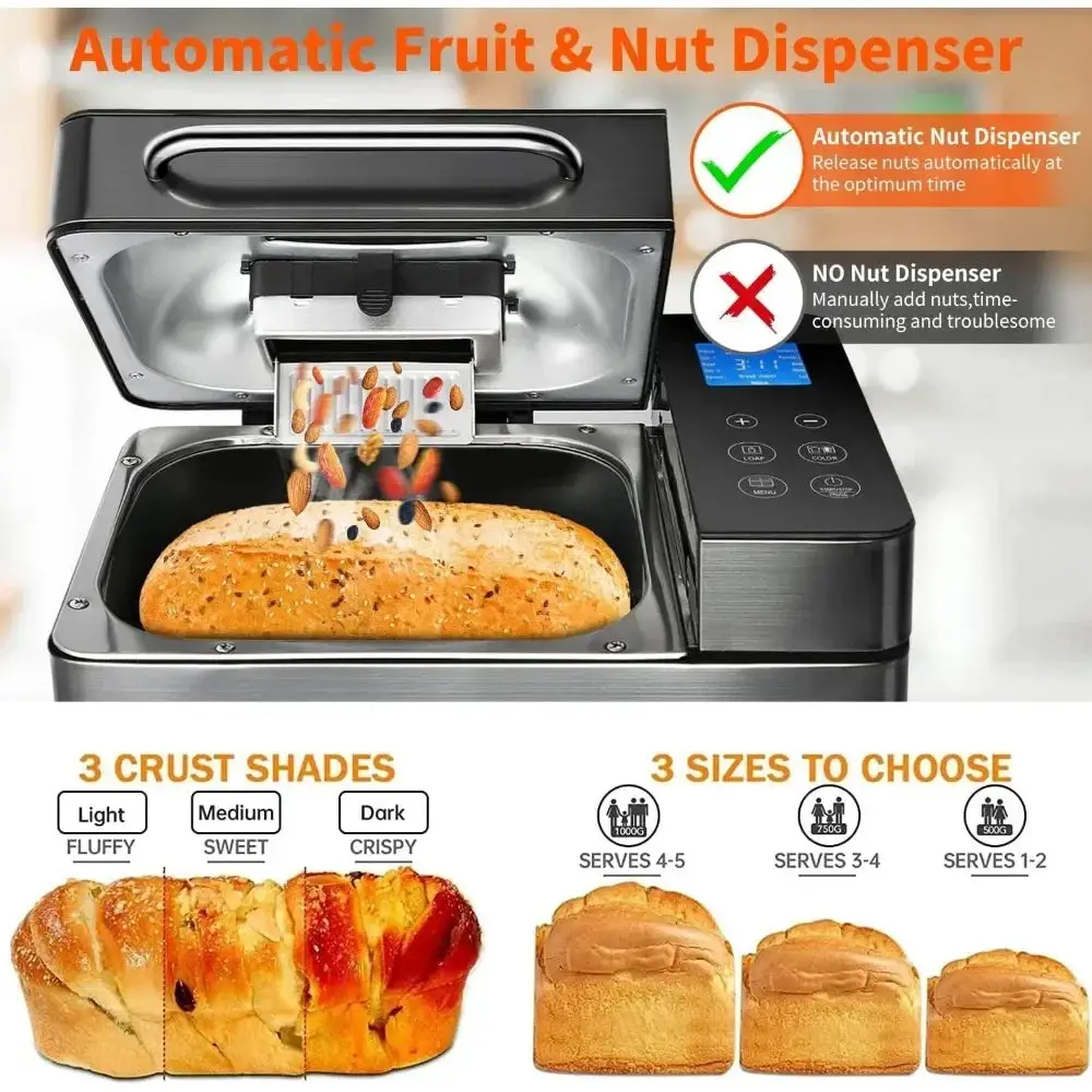 710W dual heater, 17 in 1 bread maker stainless steel, bread maker with automatic nut dispenser and ceramic plate