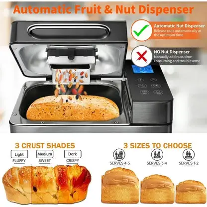 710W dual heater, 17 in 1 bread maker stainless steel, bread maker with automatic nut dispenser and ceramic plate