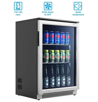 120 Can Mini Fridge with Glass Door, 20 Inch Beverage Fridge with Lock & LED Light, Auto Defrost, 36-50°F Freestanding Cooler