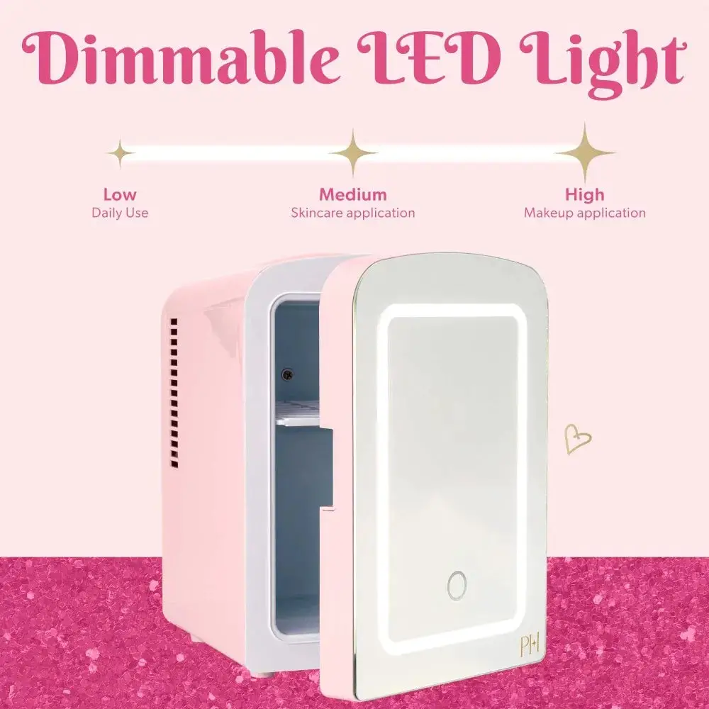 Mini Refrigerator and Personal Beauty Fridge, Mirrored Door with Light, 4 Liter, Built-in Makeup Mirror and a Dimmable LED Light