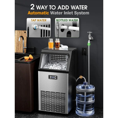 Commercial Ice Maker,100 lbs, 2-Way Add Water, Self-Cleaning, with 24 Hour Timer,33 lbs Basket, Stainless Steel Ice Makers