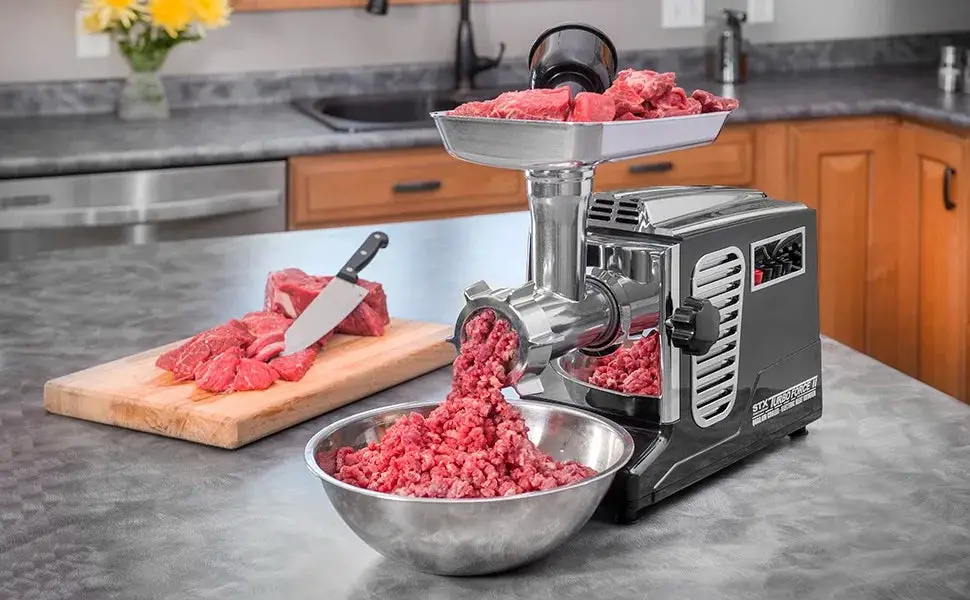 w/Foot Pedal Heavy Duty Electric Meat Grinder & Sausage Stuffer: 6 Grinding Plates, 3 S/S Blades, 3 Sausage Tubes, 2 Meat Claws