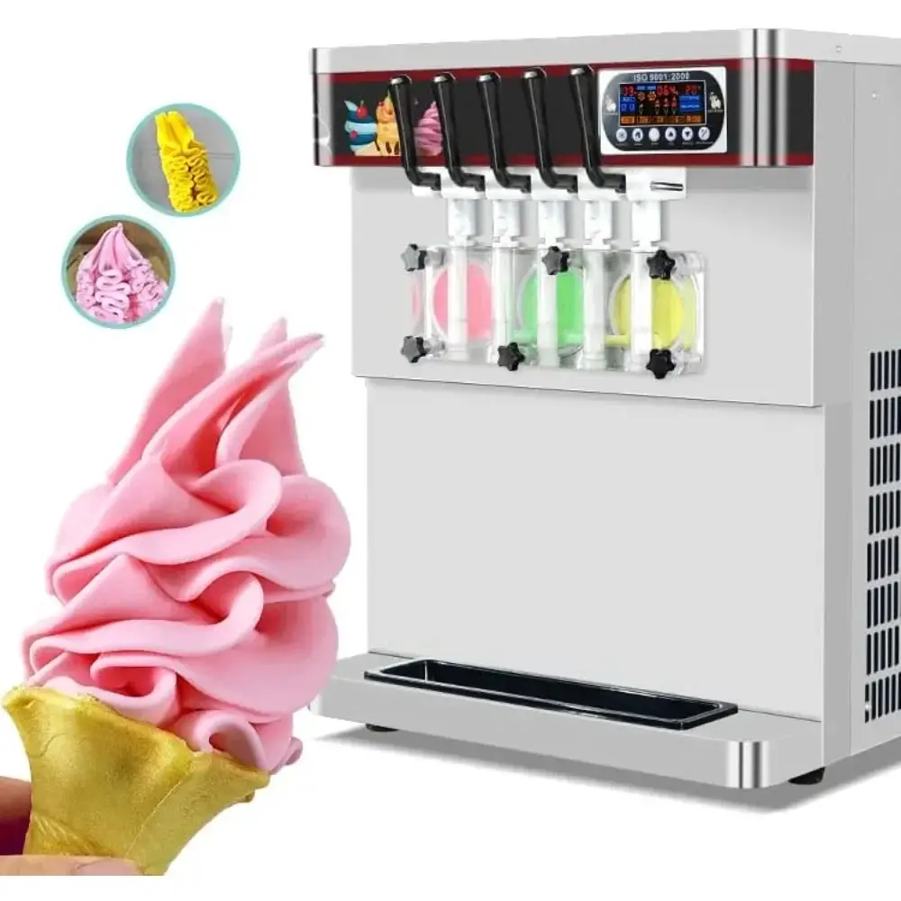 Commercial desktop soft ice cream machine,5 different discharge nozzles,upper water tank for refrigeration,transparent dispenser