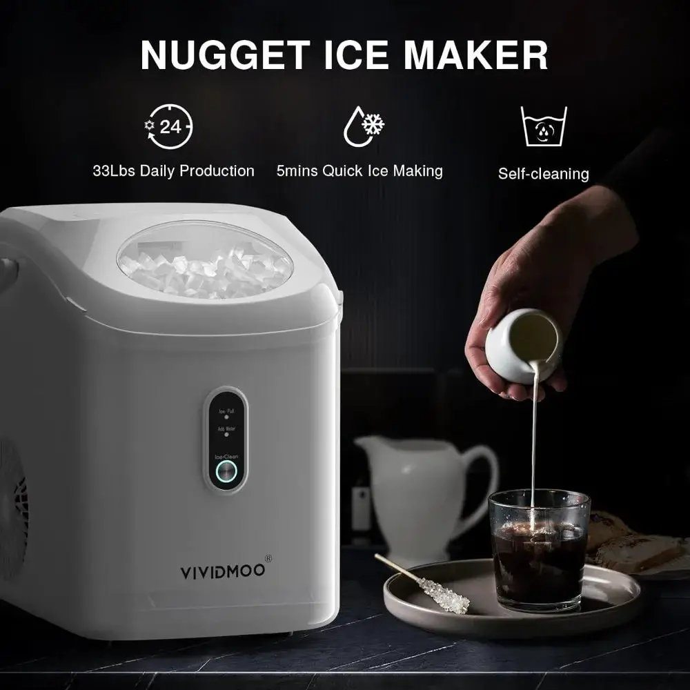 Nugget Ice Makers Countertop, 33 Lbs/Day Sonic Ice Maker, with Tooth-Friendly Chewable Ice, with Self-Cleaning Function