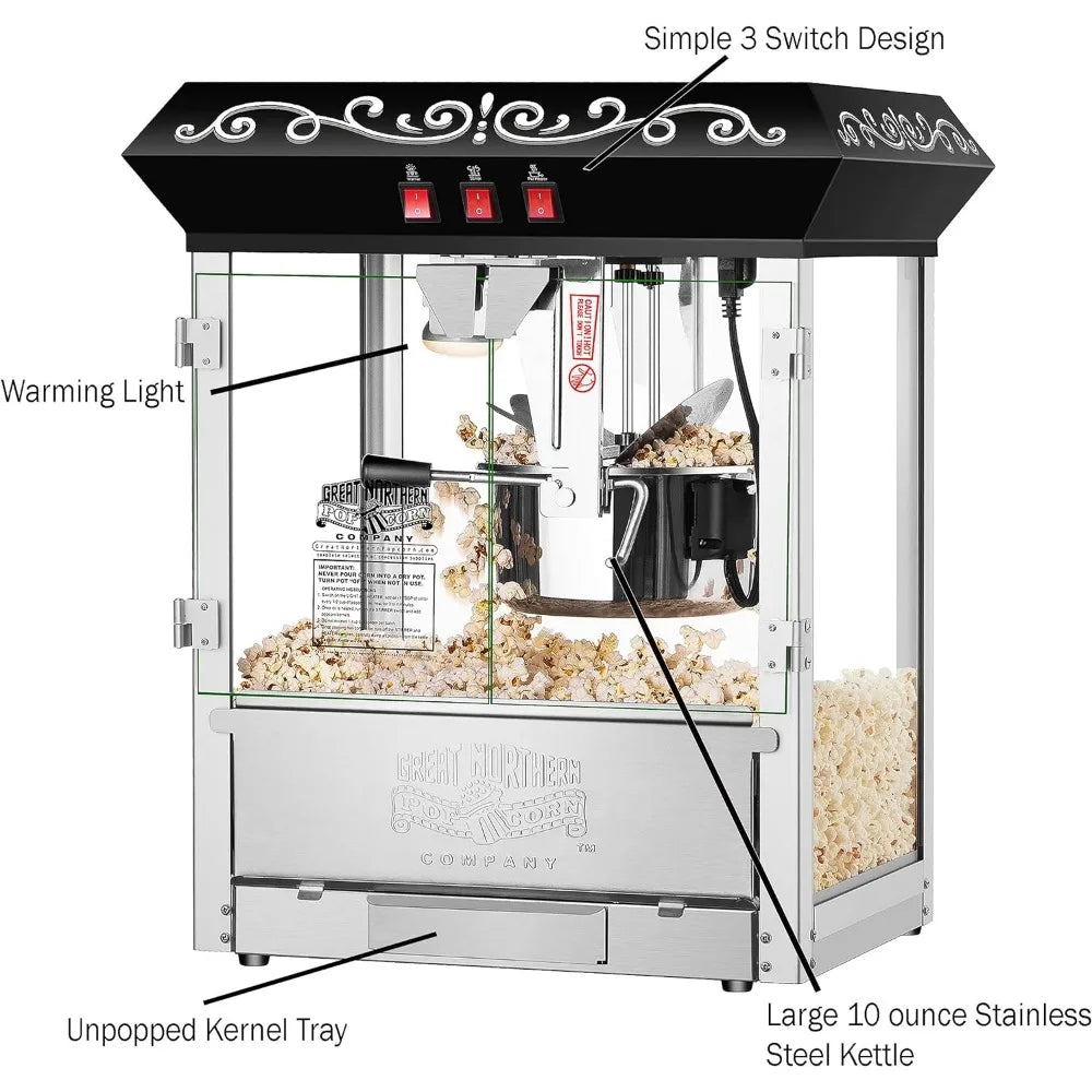 Настільна машина для попкорну об'ємом 10 унцій з 3 перемикачами керування, вбудованим підігрівом, конструкцією з нержавіючої сталі, чорним кольором