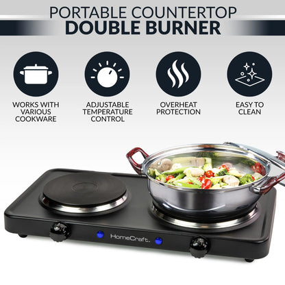 Double Burner Hot Plate, Portable Countertop Double Burner Hot Plate Electric Cooktop,1500-Watts, Adjustable Temperature Control