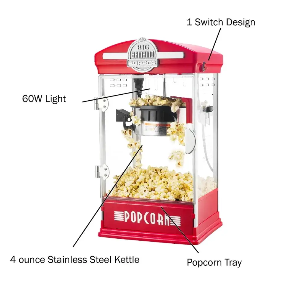 Popcorn Machine - Old Fashioned Popcorn Maker with 4-Ounce Kettle, Measuring Cups, Scoop and Serving Cups (Red)