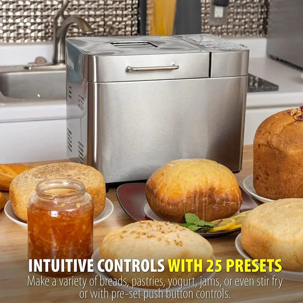 2-pound stainless steel bread maker with 25 intelligent cooking programs, including accessories and measuring cups