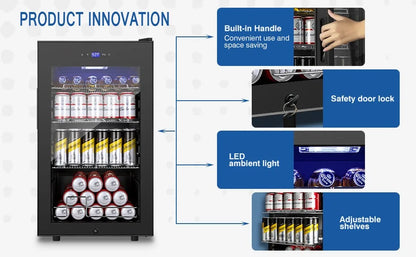 Beverage Refrigerator and Cooler Freestanding, 96 Cans Mini Fridge with glass door and Lock, Small Drink Fridge, with LED Light