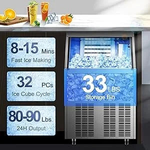 Commercial Ice Maker with 33LBS Bin, Stainless-Steel Construction, Automatic Operation, Include Water Filter, Connection Hose