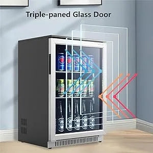 20 Inch Beverage Fridge with Glass Door, 120 Can Mini Fridge with Blue LED Light for Beer, 36-50°F Under Cooler, Auto Defrost