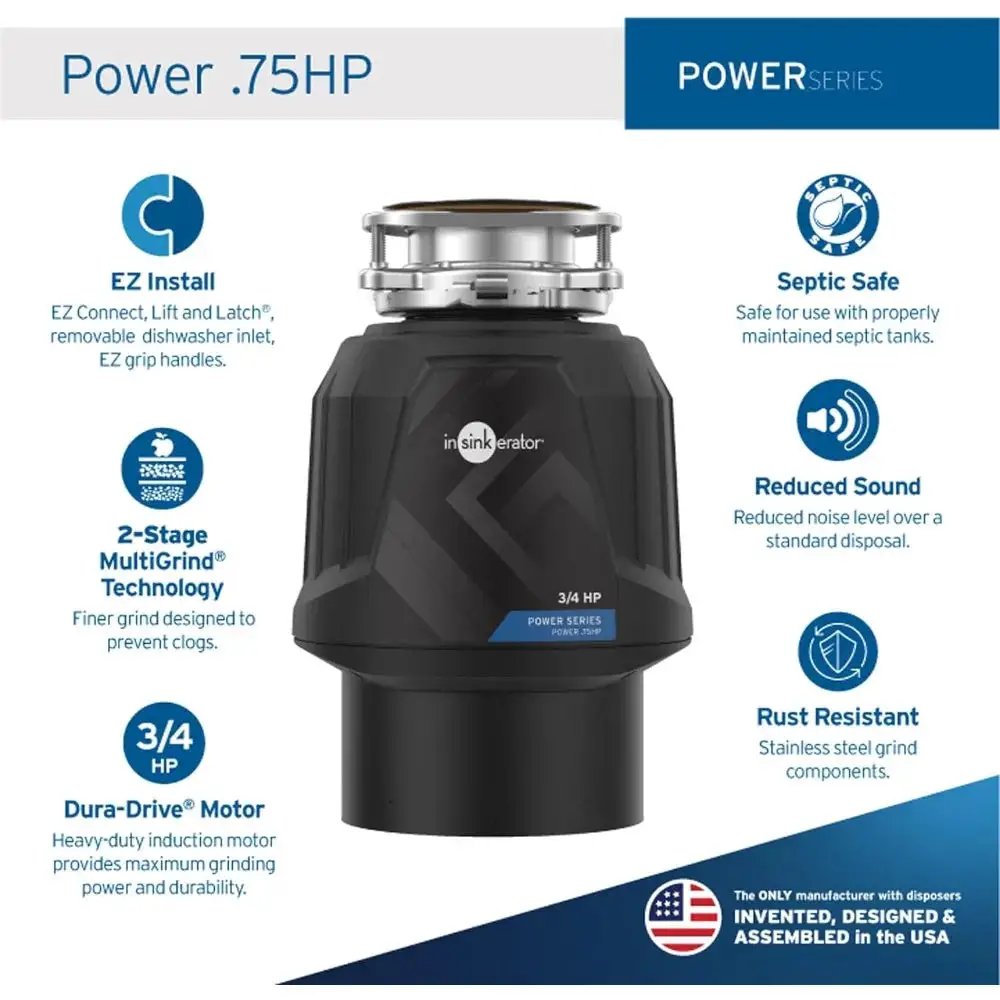 Power 0.75HP, 3/4 HP Garbage Disposal, Power Series EZ Connect Continuous Feed Food Waste Disposer, Black