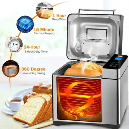 Stainless steel bread maker, 2-pound 17-in-1 programmable XL bread maker, non stick ceramic disc and digital touch screen