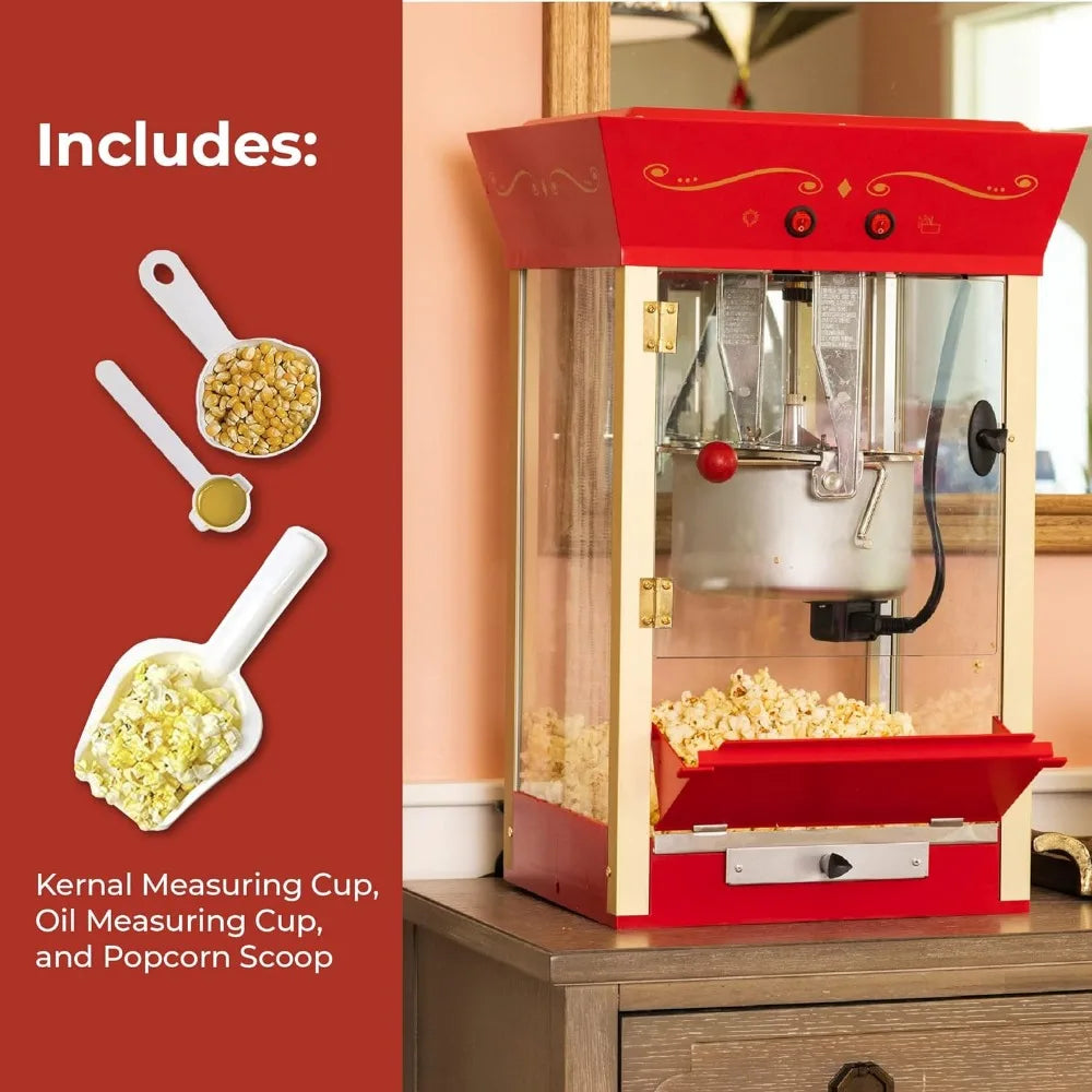 Maszyna do popcornu, profesjonalny wózek z czajnikiem 8 oz, robi do 32 filiżanek, zabytkowa maszyna do popcornu w stylu kina - czerwona