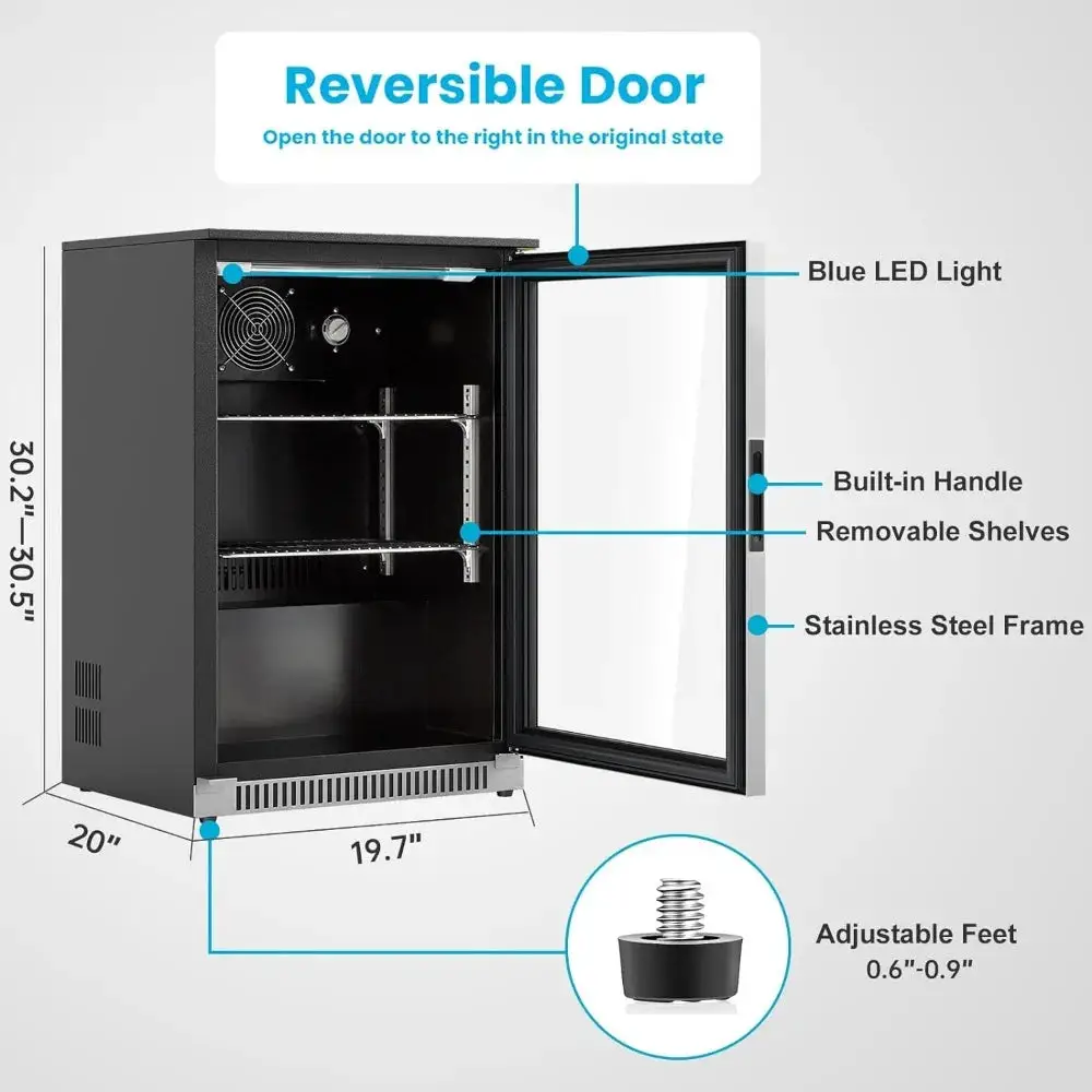 20 Inch Beverage Fridge with Glass Door, 120 Can Mini Fridge with Blue LED Light for Beer, 36-50°F Under Cooler, Auto Defrost