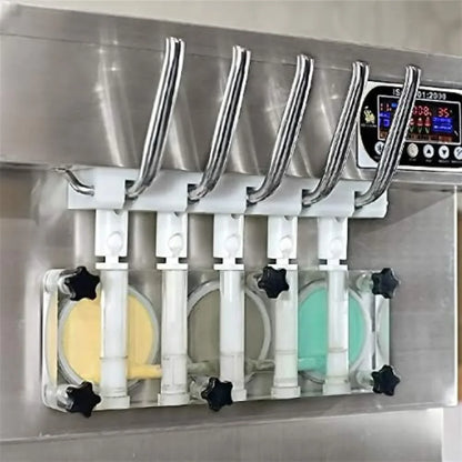 Commercial desktop soft ice cream machine,5 different discharge nozzles,upper water tank for refrigeration,transparent dispenser