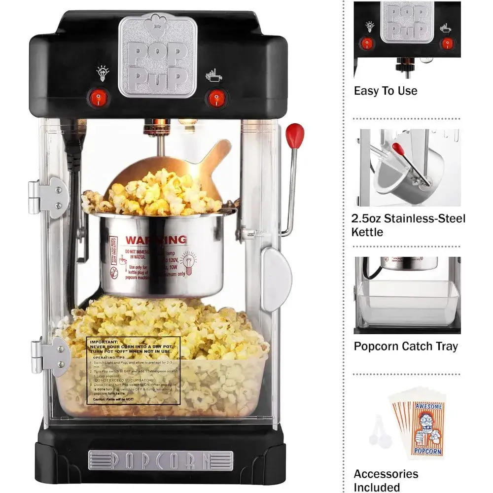 Countertop Popcorn Machine – 2.5oz Kettle with Measuring Spoon, Scoop, and 25 Serving Bags (Black)