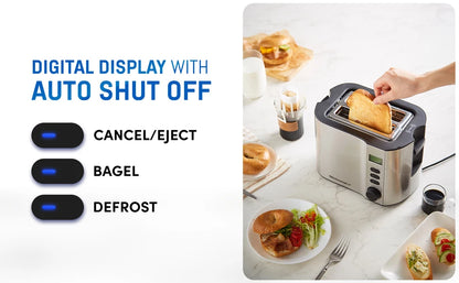 Extra Wide Slot 2-Slice Toaster, Bagel Function Reheat, Defrost, Cancel Functions, 6 Settings, Countdown Timer, Stainless Steel