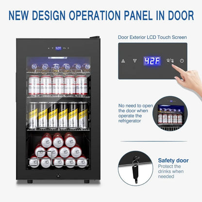 Beverage Refrigerator and Cooler Freestanding, 96 Cans Mini Fridge with glass door and Lock, Small Drink Fridge, with LED Light