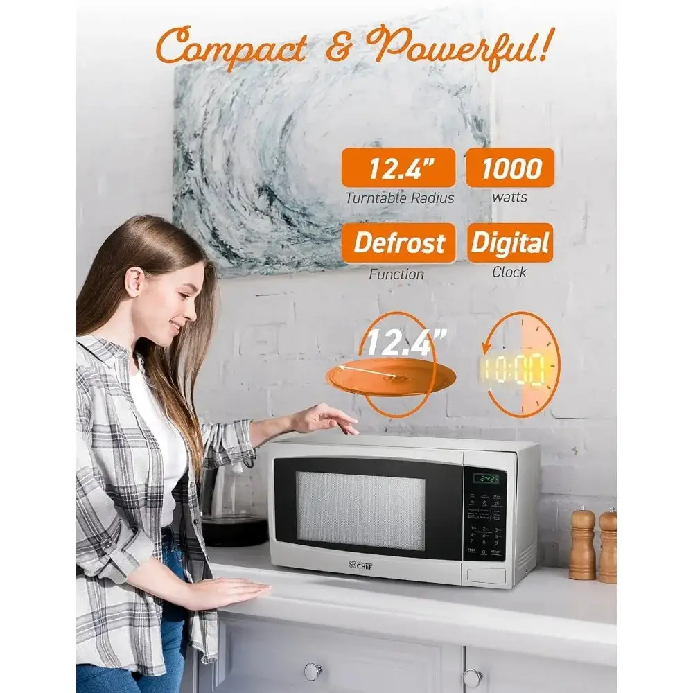 Microwave with 10 Power Levels, 1000W with Push Button Door Lock, Microwave with Microwave Turntable and Digital Controls