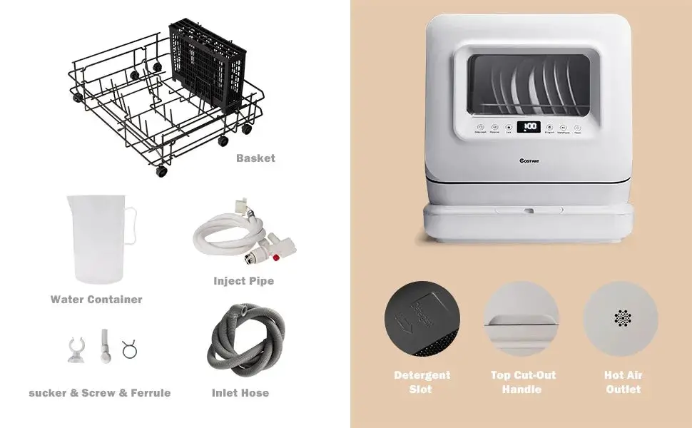 Portable Countertop Dishwasher, with 7.5 L Built-in Water Tank, 360° Dual Spray Arms,Air-Dry Function,Child Lock,Mini Dishwasher