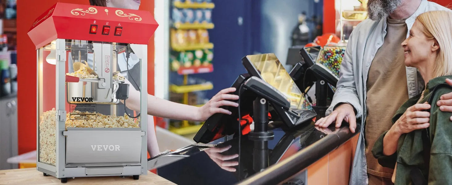 Komercyjna maszyna do popcornu, czajnik 8 oz, 850 W, maszyna do popcornu na blacie, z 3-przełącznikową ramą stalową i drzwiami ze szkła hartowanego