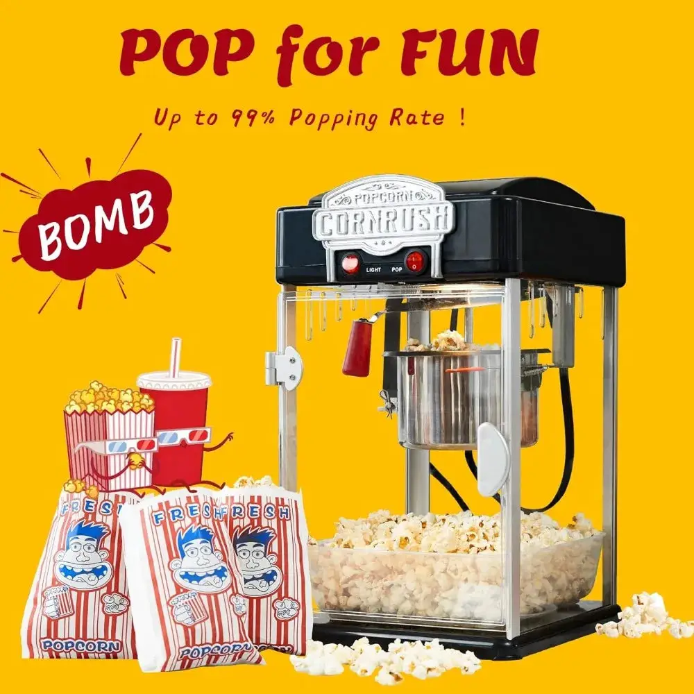 Popcorn Popper Machine-4 OZ Professional Popcorn Maker Theater Style with Nonstick Kettle Warming Light and Serving Scoop, Black